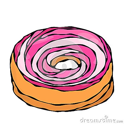 Sweet Donut with Ligth Pink Swirl Sugar Glaze Topping. Pastry Shop, Confectionery Design. Round Doughnut Dessert. Realistic Hand D Stock Photo
