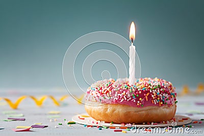 Sweet donut and one burning candle. Happy birthday concept Stock Photo