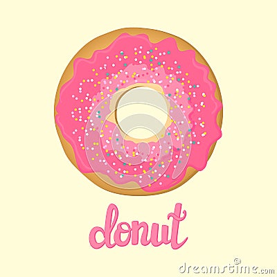 Sweet donut with pink glaze isolated on background. Yummy cookie cake food. Candy decoration. Topping. Glazed pastry delicious sna Cartoon Illustration