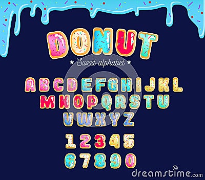 Sweet donut type font with different glaze. Colorful donut alpha Vector Illustration