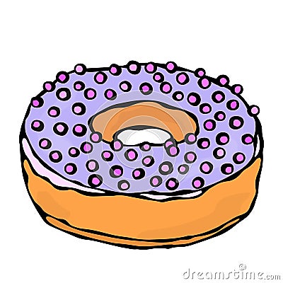 Sweet Donut with Violet or Lilac Sugar Glaze and Pink Round Confetti Topping. Pastry Shop, Confectionery Design. Round Doughnut De Stock Photo