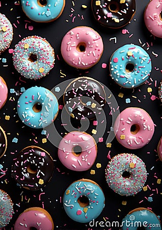 Sweet donuts in blue pink colors from top view. Assorted finest donuts Stock Photo
