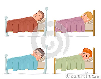 Sweet dream sleep man woman children boy girl bed rest night blanket pillow cartoon isolated set design vector Vector Illustration