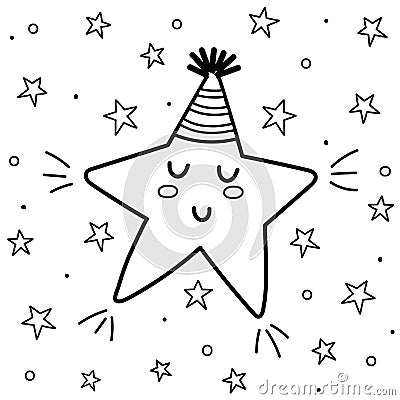 Sweet dreams coloring page with a cute sleeping star. Black and white fantasy background Vector Illustration