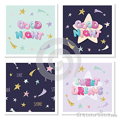 Sweet dreams cute design for pajamas, sleepwear, t-shirts. Cartoon letters and stars in pastel colors with glitter elements. Stock Photo