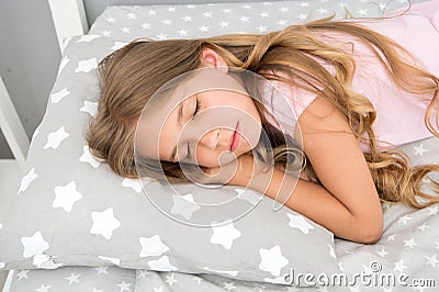 Sweet dreams. Girl child long hair fall asleep close up. Quality of sleep depends on many factors. Choose proper pillow Stock Photo