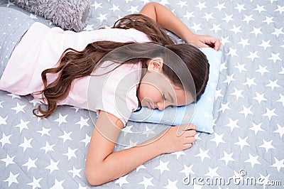 Sweet dreams. Girl child long hair fall asleep on pillow close up. Quality of sleep depends on many factors. Choose Stock Photo