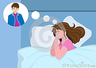 Sweet dreams. A happy girl sleeps dreaming of her boyfriend. The girl lay under a soft duvet. and sleep well in bed sleep well Vector Illustration