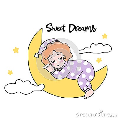 Cute girl sweet dreams sleeping on moon cartoon illustration Vector Illustration