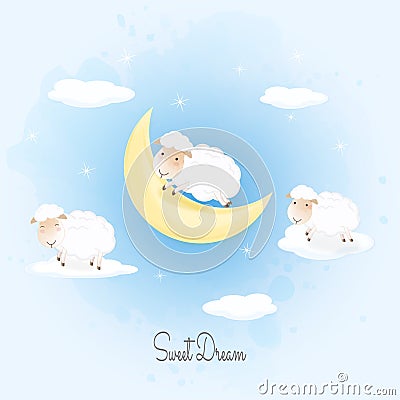 Sweet dream text with sheep jumping on cloud hand drawn illustration Vector Illustration