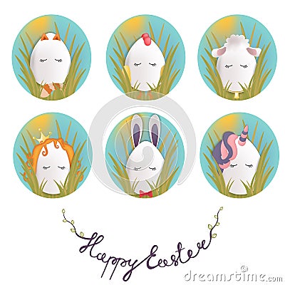 Sweet easter egg characters in the grass. Funny Easter eggs chick rabbit cat and others. Happy easter vector set Vector Illustration