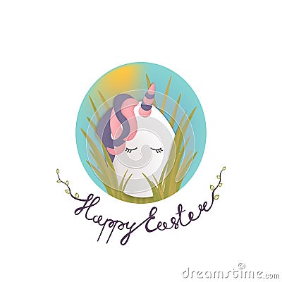 Sweet easter egg unicorn in the grass. Happy easter vector gift card Vector Illustration