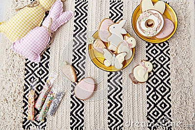 Sweet Easter traditions. Festive Easter flavors flat lay. Happy Easter. Handmade cookies and decorations Stock Photo