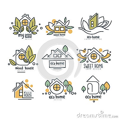 Sweet, eco home logo set, wood house badges vector Illustrations on a white background Vector Illustration