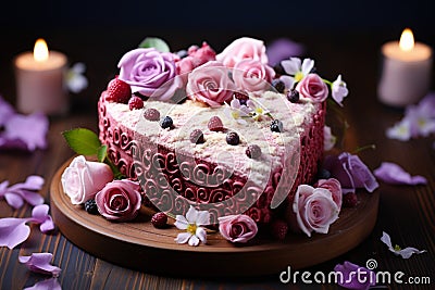 Sweet elegance, heart shaped cake with flowers on a wooden tabletop Stock Photo