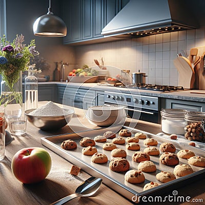 Cookie preparation on a kitchen work surface, with ingredients Stock Photo
