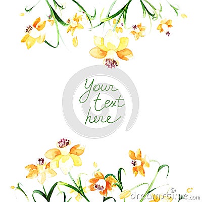 Sweet floral frame with yellow daffodils made in watercolor technique. Stock Photo