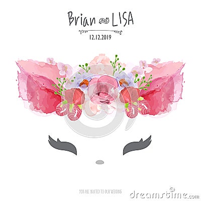 Sweet Floral Wedding Card in cat style Vector Illustration