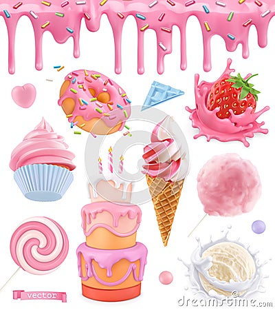 Sweet food. Cake, cupcake, cotton candy, ice cream, strawberry yogurt, donut. Pink glaze seamless pattern. 3d realistic vector set Vector Illustration
