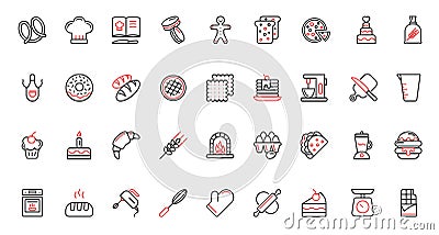 Sweet food collection with kitchen equipment, bakery, confectionery red black thin line icons set Vector Illustration