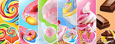 Sweet food. Lollipop, donut, cotton candy, cupcake, ice cream and chocolate. 3d vector icon set Vector Illustration