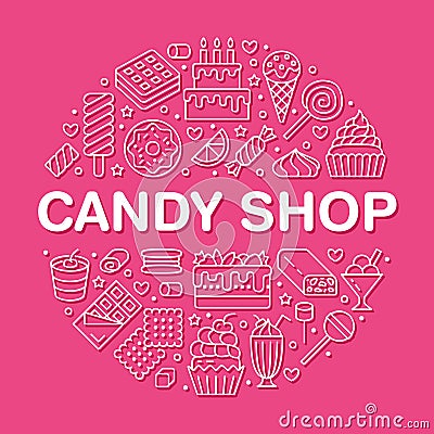 Sweet food round poster with flat line icons. Pastry vector illustrations - lollipop, chocolate bar, milkshake, cookie Vector Illustration