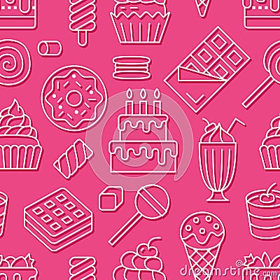 Sweet food seamless pattern with flat line icons. Pastry vector illustrations - lollipop, chocolate bar, milkshake Vector Illustration