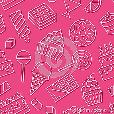 Sweet food seamless pattern with flat line icons. Pastry vector illustrations - lollipop, chocolate bar, milkshake Vector Illustration