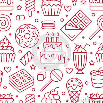 Sweet food seamless pattern with flat line icons. Pastry vector illustrations - lollipop, chocolate bar, milkshake Vector Illustration