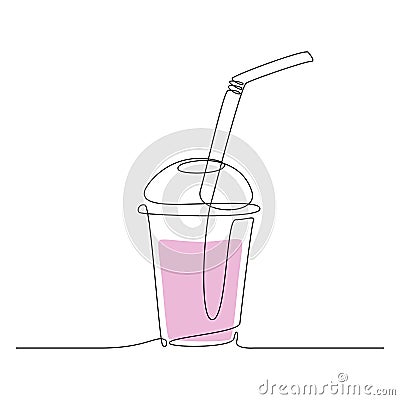 Sweet fresh drink in plastic cup with straw in One continuous line drawing. Strawberry smoothie in transparent mug in Vector Illustration