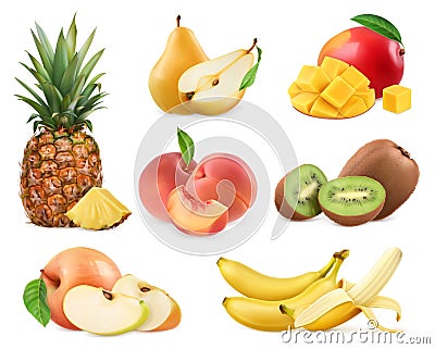 Sweet fruit. Whole and pieces. 3d vector icons s Vector Illustration