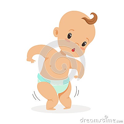 Sweet funny baby in a diaper trying to walk, colorful cartoon character vector Illustration Vector Illustration