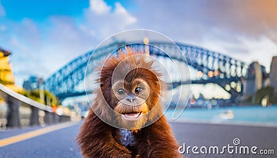 sweet funny cute smiling face baby orang-utan with big eyes punk hair style on Sydney footpath harbour bridge Stock Photo