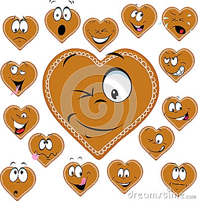 Sweet gingerbread heart with a happy face cartoon - vector Vector Illustration