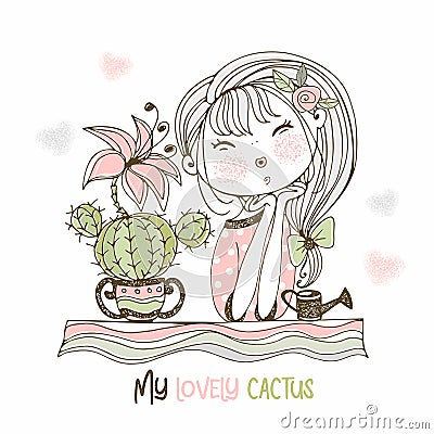 A sweet girl admires a blooming cactus. Vector Vector Illustration