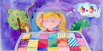 Sweet girl dreams before bedtime. Handdrawn watercolor illustration. Cartoon Illustration