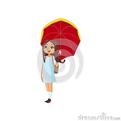 Sweet girl under red umbrella, rainy weather concept cartoon vector Illustration Vector Illustration