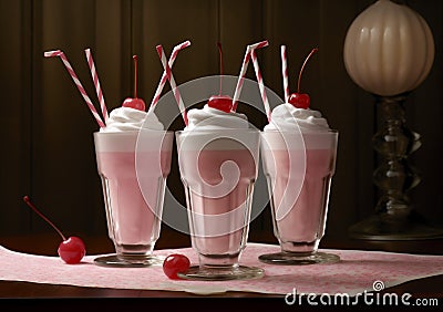 sweet glass beverage milkshake retro cream drink pink ice cocktail. Generative AI. Stock Photo