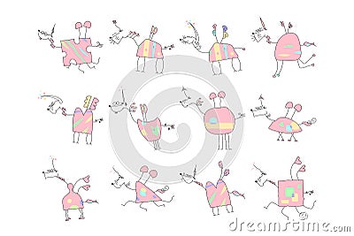 Herd of Pink Unicorns with wings and horn - Doodle Vector Illustration of a Hand Drawn Unicorn Sketch Vector Illustration