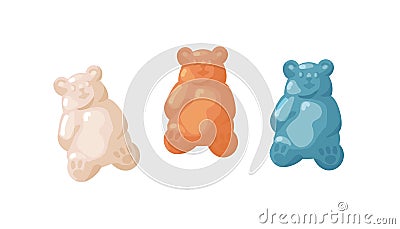 Sweet gummy bears. Sugar jelly babies set. Fruit gelatin gums of different flavors. Cute edible teddies snack for kids Vector Illustration