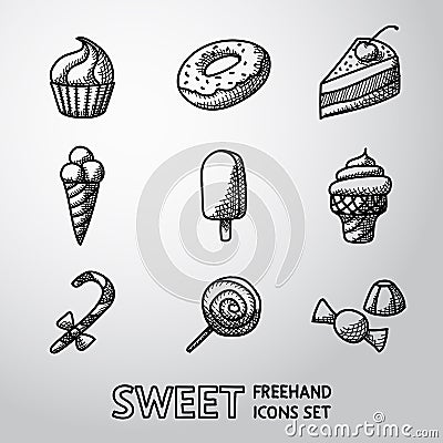 Sweet handdrawn icons set with - cupcake, donut Vector Illustration