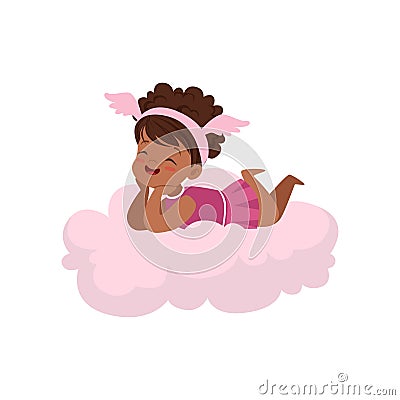 Sweet happy african little girl lying on pink cloud, kids imagination and dreams vector illustration Vector Illustration