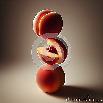 Sweet Harmony: Three Peaches Stacked in Delicate Balance. Stock Photo