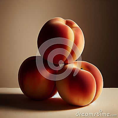 Sweet Harmony: Three Peaches Stacked in Delicate Balance. Stock Photo