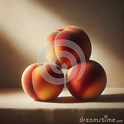 Sweet Harmony: Three Peaches Stacked in Delicate Balance. Stock Photo