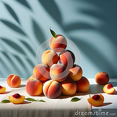 Sweet Harmony: Three Peaches Stacked in Delicate Balance. Stock Photo