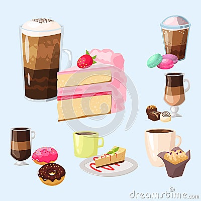 Sweet hazelnut muffins delicious cake coffee cup morning bakery dessert pastry fresh drink cappuccino vector Vector Illustration