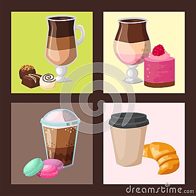 Sweet hazelnut muffins delicious cake coffee cup morning bakery dessert pastry fresh drink cappuccino vector Vector Illustration