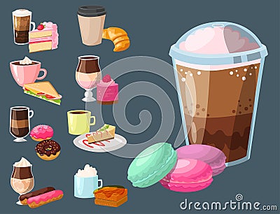 Sweet hazelnut muffins delicious cake coffee cup morning bakery dessert pastry fresh drink cappuccino vector Vector Illustration