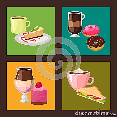 Sweet hazelnut muffins delicious cake coffee cup morning bakery dessert pastry fresh drink cappuccino vector Vector Illustration